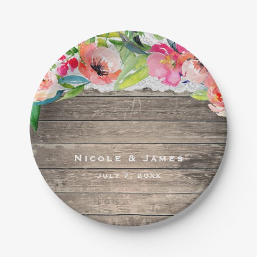 Colorful Flowers Modern Floral Chic Wood  Lace Paper Plates