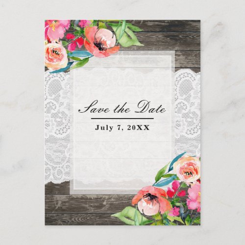 Colorful Flowers Modern Floral Wood Lace Save Date Announcement Postcard