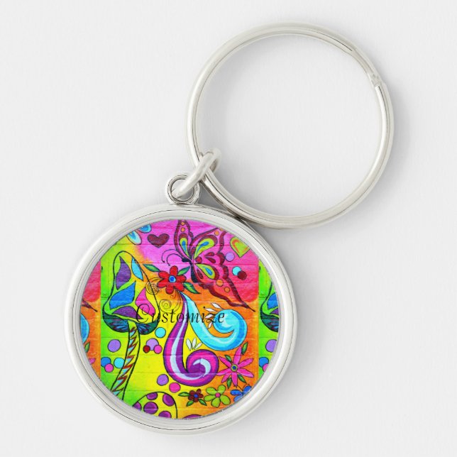 colorful flowers mushrooms butterfly keychain (Front)