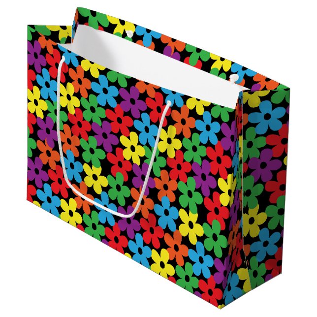 Colorful Flowers on Black Large Gift Bag (Front Angled)