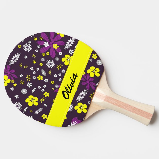 Colorful flowers on black ping pong paddle (Side)