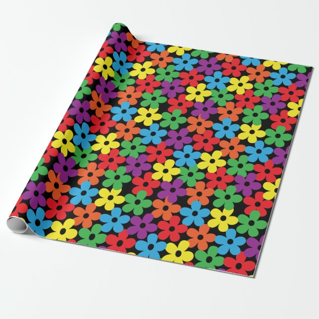 Colorful Flowers on Black Wrapping Paper (Unrolled)