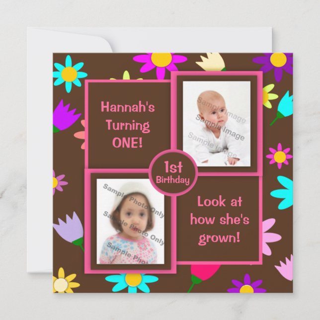 Colorful Flowers on Brown Photo First Birthday Invitation (Front)