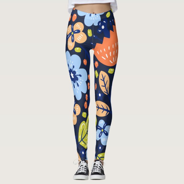 Colorful flowers on dark navy blue background leggings (Front)