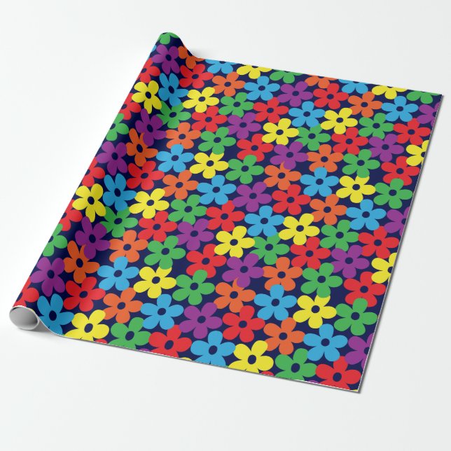Colorful Flowers on Navy Blue Wrapping Paper (Unrolled)