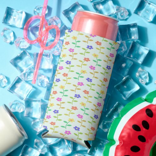 Colorful flowers on pale green seltzer can cooler