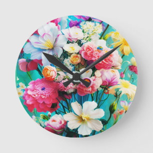 Colorful Flowers on Teal Background Round Clock