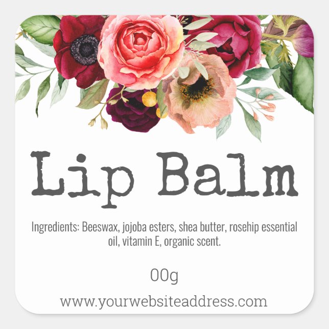 Colorful Flowers On White Lip Balm Tube Labels (Front)