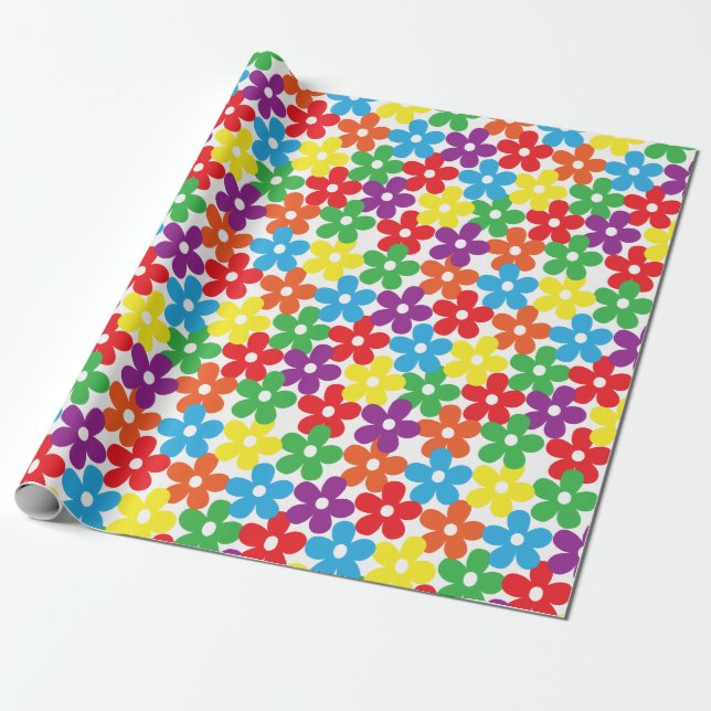 Colorful Flowers on White Wrapping Paper (Unrolled)