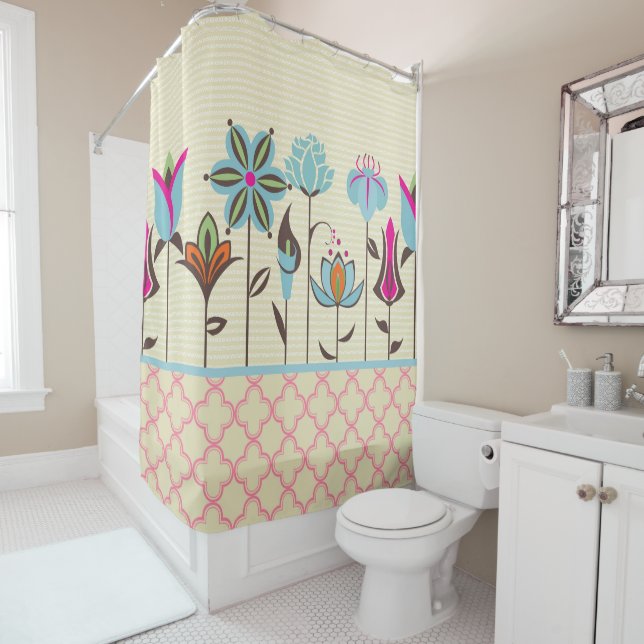 Colorful Flowers Over Beige Stripes Shower Curtain (In Situ)