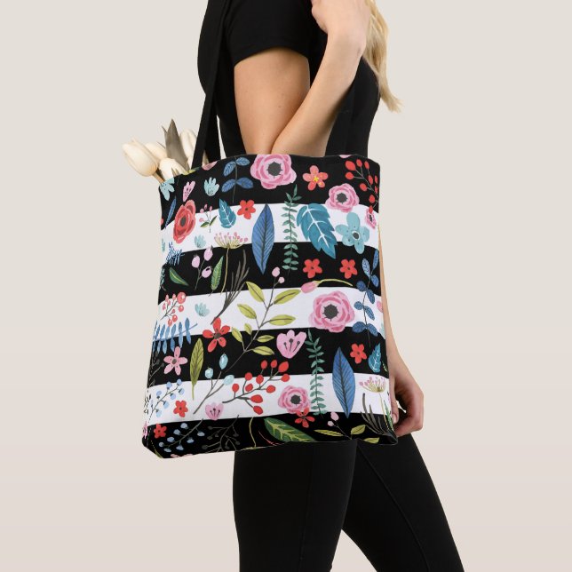 Colorful Flowers Over Black & White Stripes Tote Bag (Close Up)