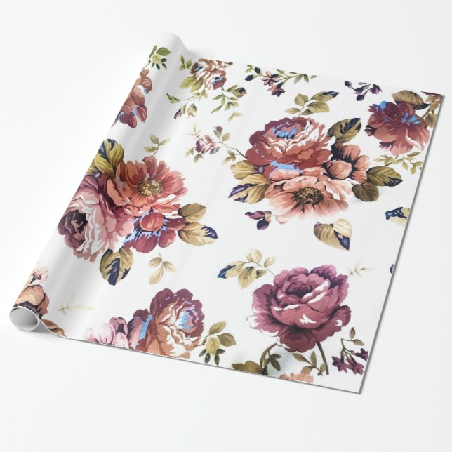 Colorful Flowers Over White Background Wrapping Paper (Unrolled)