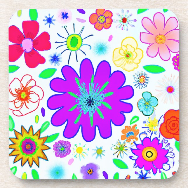 Colorful Flowers Pattern Beverage Coaster (Front)