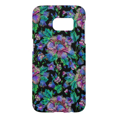 Colorful Flowers Pattern Black Background Samsung Galaxy S7 Case
