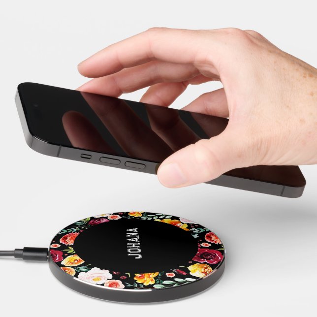 Colorful flowers pattern black circle wireless charger  (Hand)