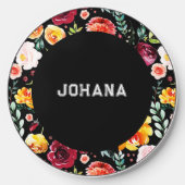 Colorful flowers pattern black circle wireless charger  (Front)