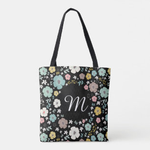 Colorful Flowers Pattern & Frame With Monogram Tote Bag