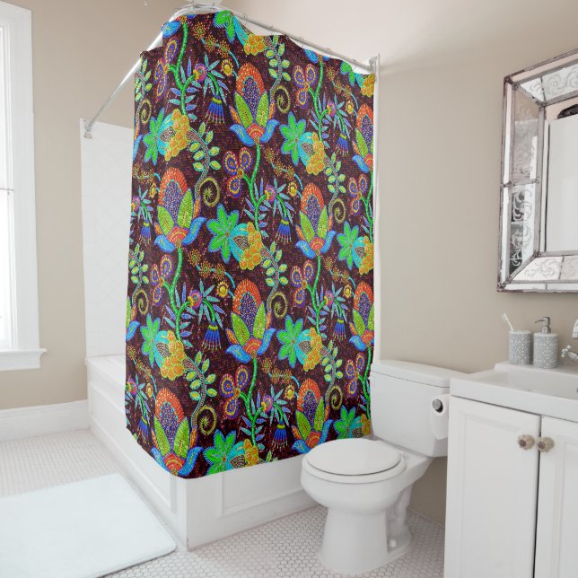Colorful Flowers Pattern Glass-Beads Texture Shower Curtain (In Situ)