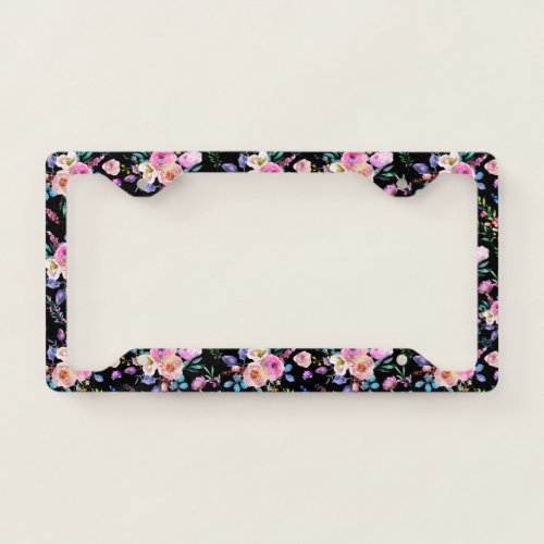 Colorful Flowers Pattern On Black License Plate Frame