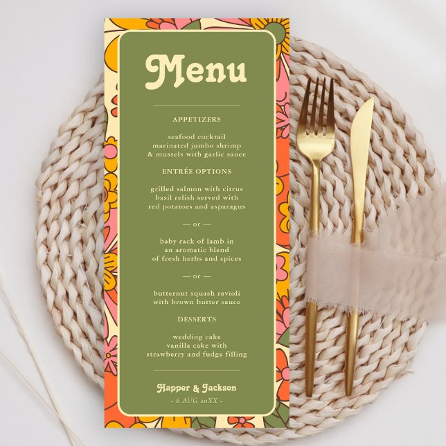 Colorful Flowers Pattern Retro Boho 70s Wedding Menu (Creator Uploaded)