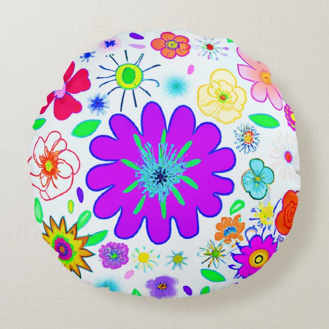 Colorful Flowers Pattern Round Pillow (Front)