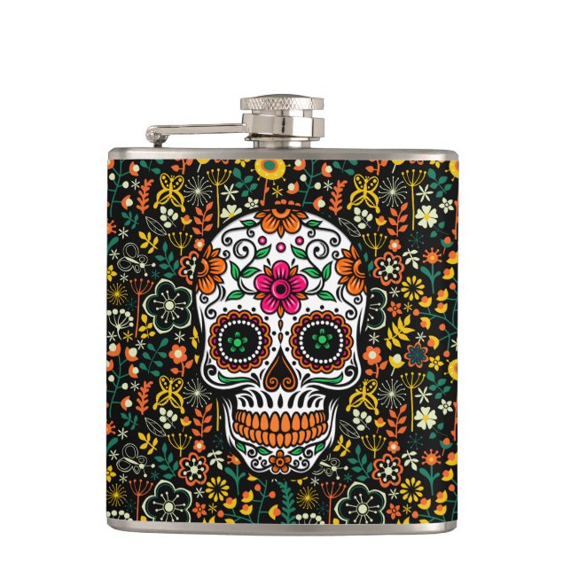 Colorful Flowers Pattern & Sugar Skull Flask (Front)