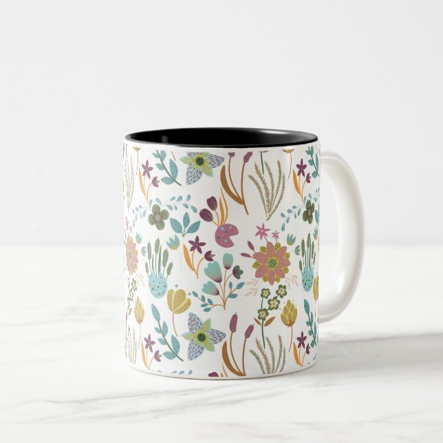Colorful Flowers Pattern Two-Tone Coffee Mug (Front Right)