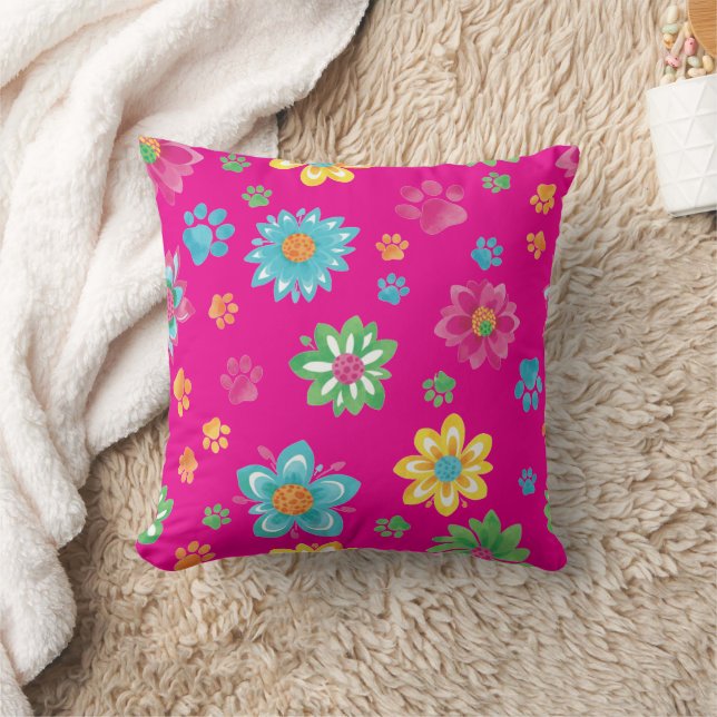 Colorful Flowers & Paw Prints Pillow (Blanket)