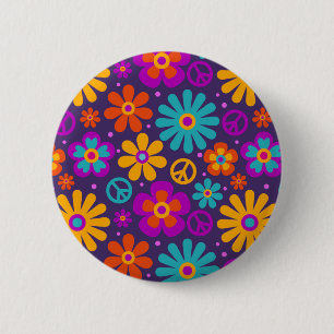 Colorful Flowers Peace Love Groovy Retro Hippie Button