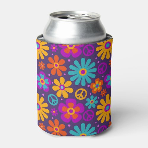 Colorful Flowers Peace Love Groovy Retro Hippie Can Cooler