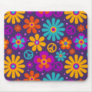 Colorful Flowers Peace Love Groovy Retro Hippie Mouse Pad