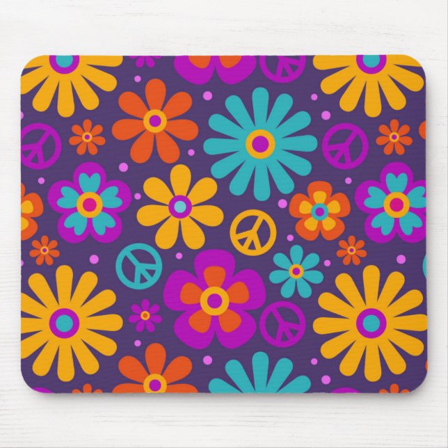 Colorful Flowers Peace Love Groovy Retro Hippie Mouse Pad (Front)