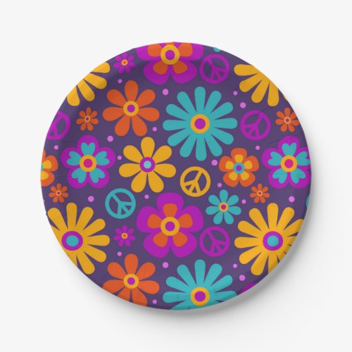 Colorful Flowers Peace Love Groovy Retro Hippie Paper Plates