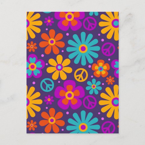 Colorful Flowers Peace Love Groovy Retro Hippie Postcard