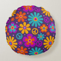 Colorful Flowers Peace Love Groovy Retro Hippie Round Pillow