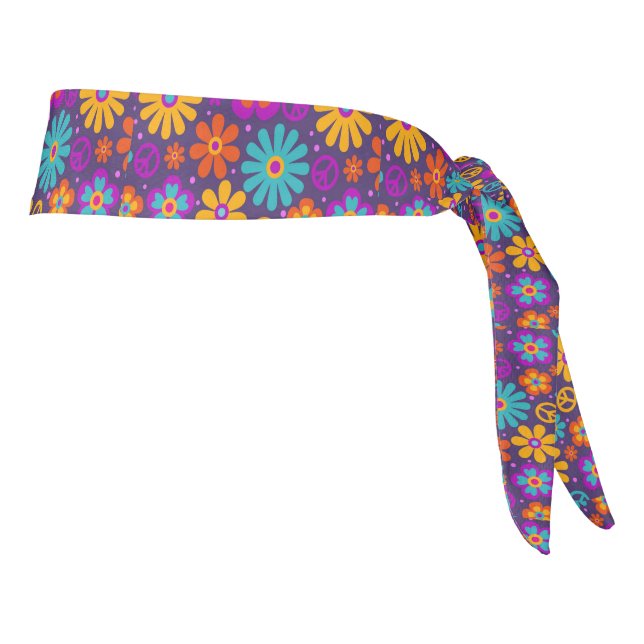 Colorful Flowers Peace Love Groovy Retro Hippie Tie Headband (Rotate 90)