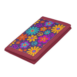 Colorful Flowers Peace Love Groovy Retro Hippie Trifold Wallet