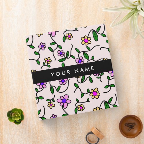 Colorful Flowers Pink Background Black 3 Ring Binder