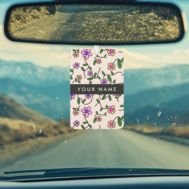Colorful Flowers, Pink Background, Black Air Freshener (Creator Uploaded)