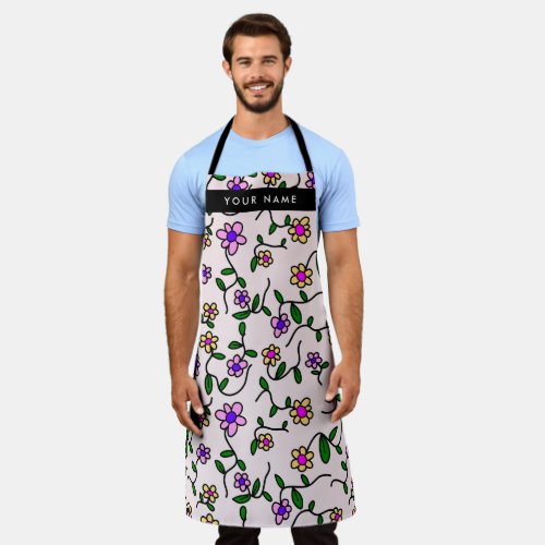 Colorful Flowers Pink Background Black Apron