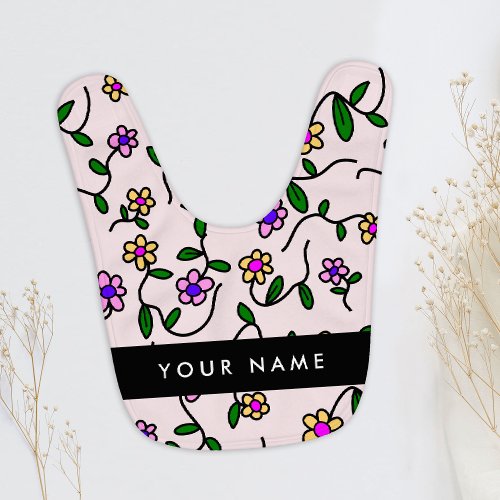 Colorful Flowers Pink Background Black Baby Bib