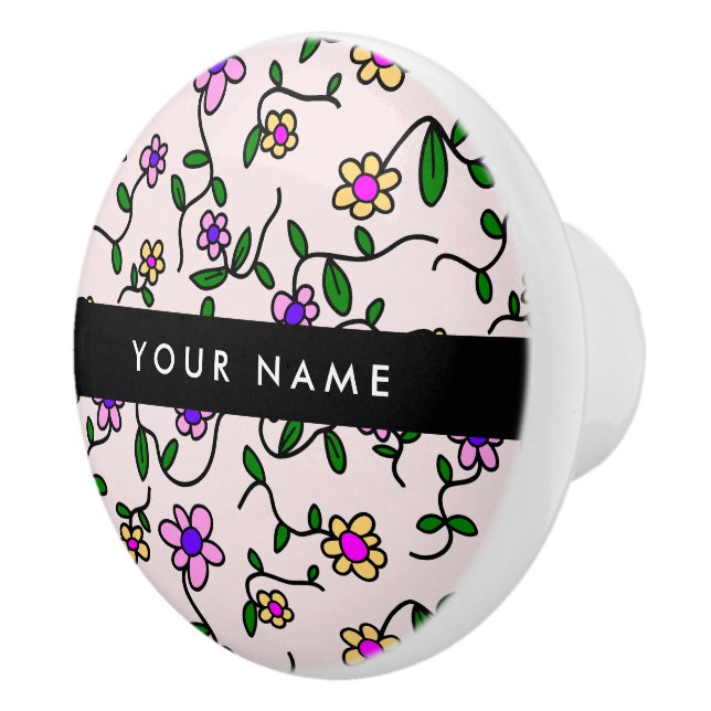 Colorful Flowers, Pink Background, Black Ceramic Knob (Right)