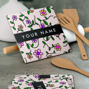 Colorful Flowers, Pink Background, Black Ceramic Tile