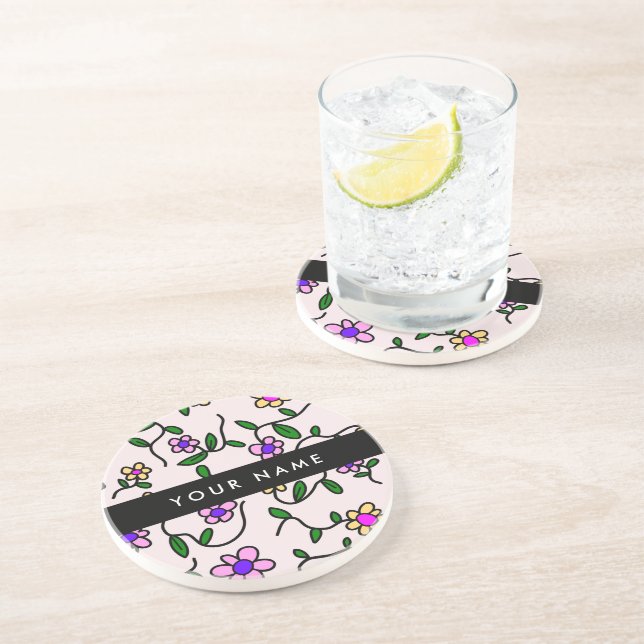 Colorful Flowers, Pink Background, Black Coaster (Side)