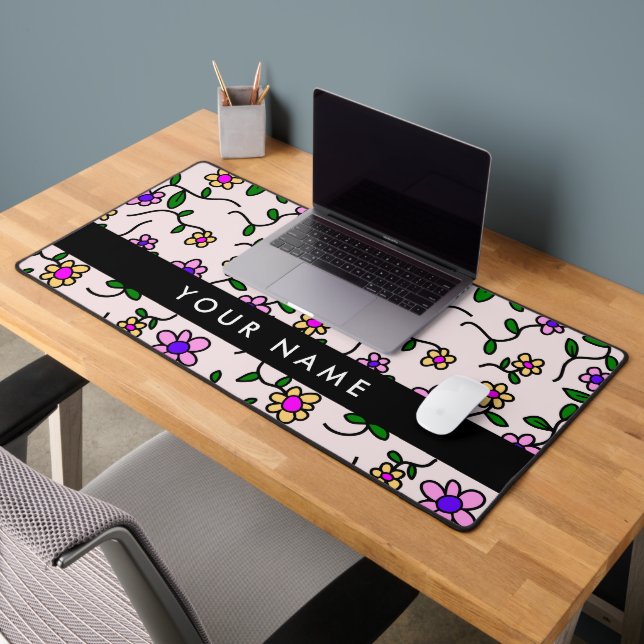 Colorful Flowers, Pink Background, Black Desk Mat (Office 2)
