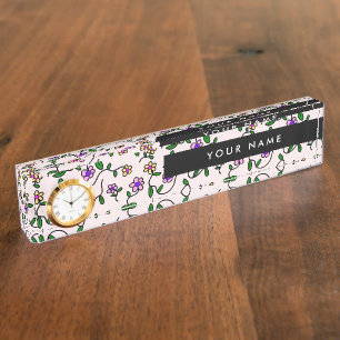 Colorful Flowers, Pink Background, Black Desk Name Plate