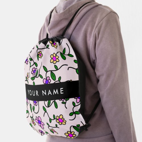 Colorful Flowers Pink Background Black Drawstring Bag