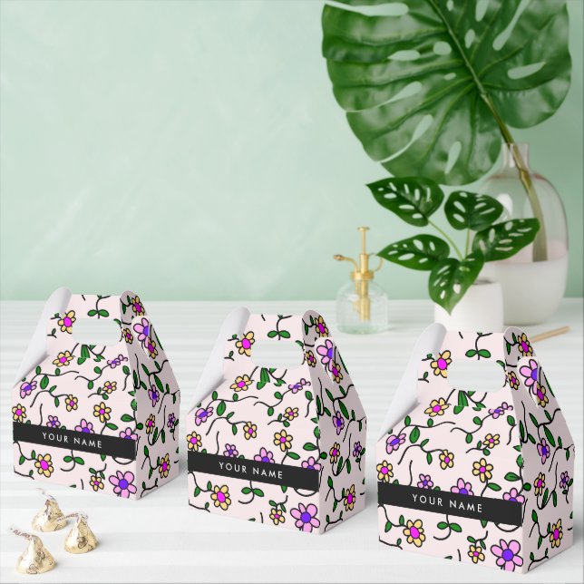 Colorful Flowers, Pink Background, Black Favor Boxes (Multiple)