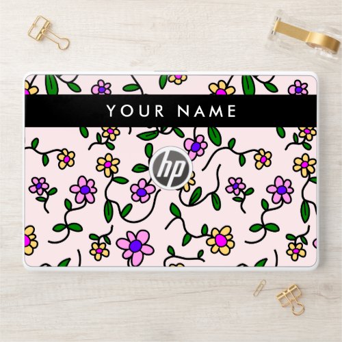 Colorful Flowers Pink Background Black HP Laptop Skin