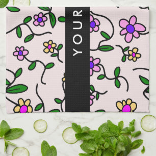 Colorful Flowers, Pink Background, Black Kitchen Towel